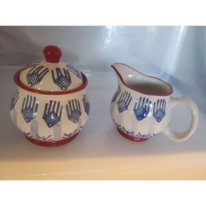Signature Housewares Stoneware Creamer and Sugar Set Red Blue and White